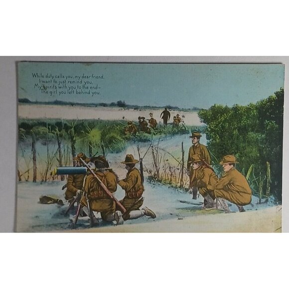World War 1 Postcard Girlfriend Field Troops On Exercise Sandy Landscape - Picture 1 of 4